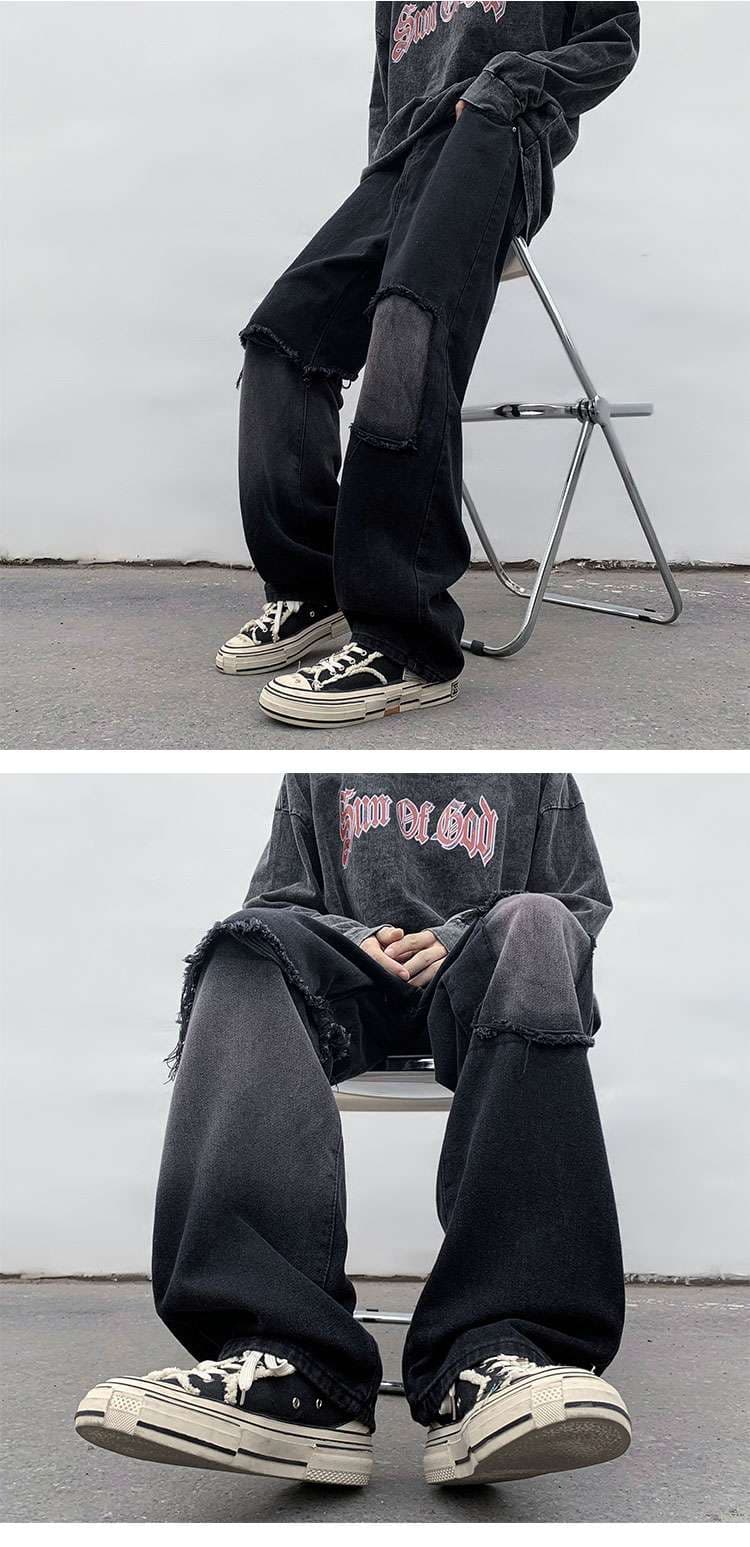 黒コーデ ダメージ加工ワイドデニムパンツ