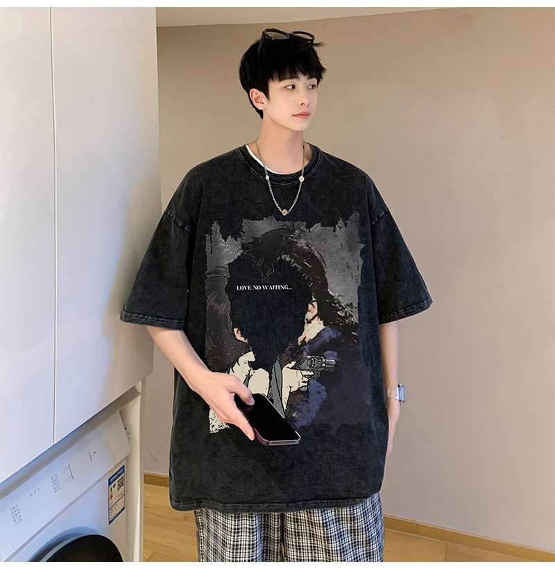 黒コーデ モノクロアートプリントオーバーサイズTシャツ