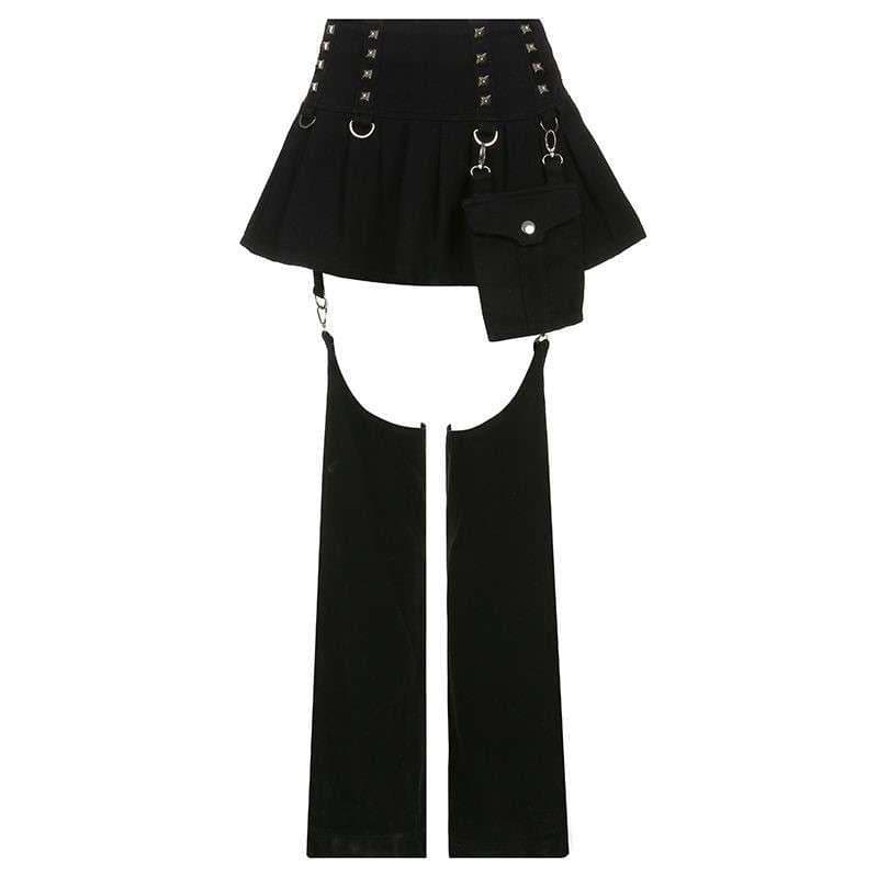 黒コーデ ゴシックフリルレザーフレアパンツ