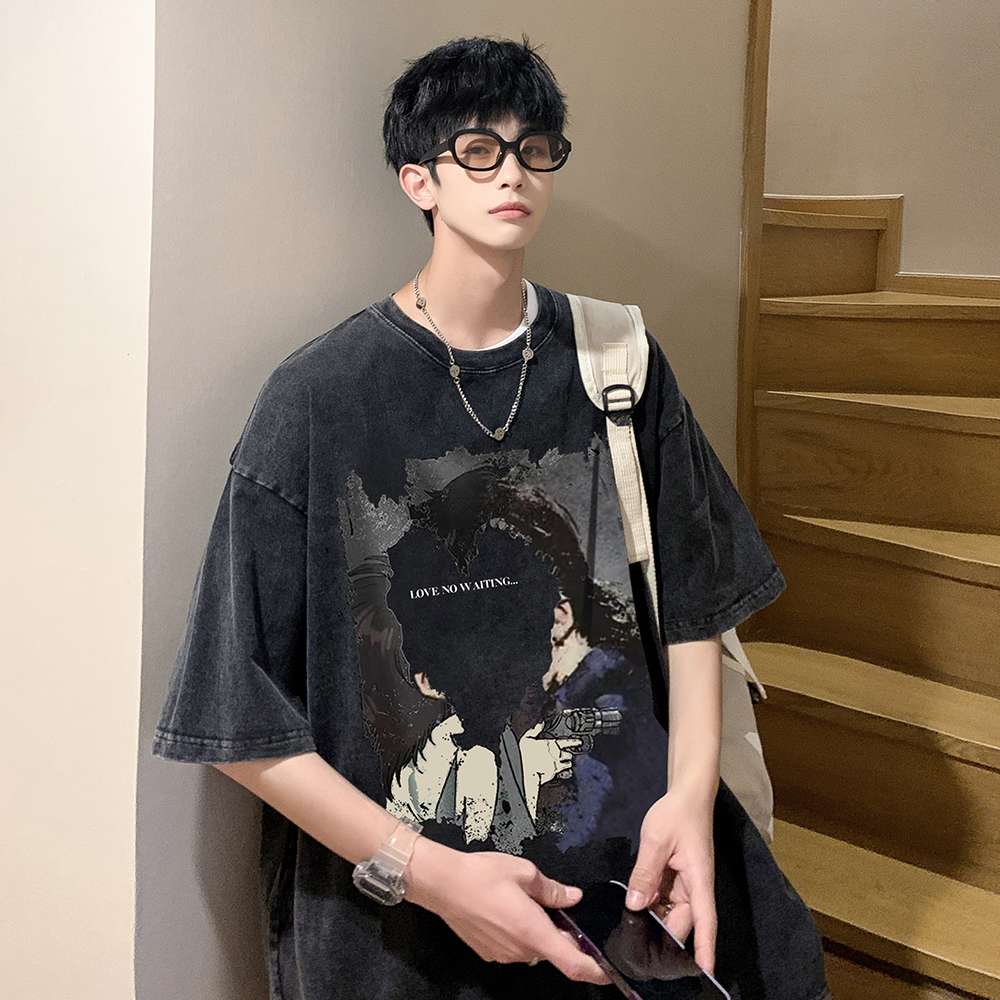 黒コーデ モノクロアートプリントオーバーサイズTシャツ