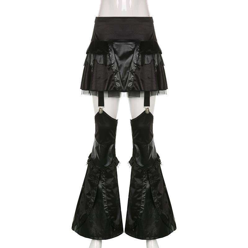 黒コーデ ゴシックフリルレザーフレアパンツ