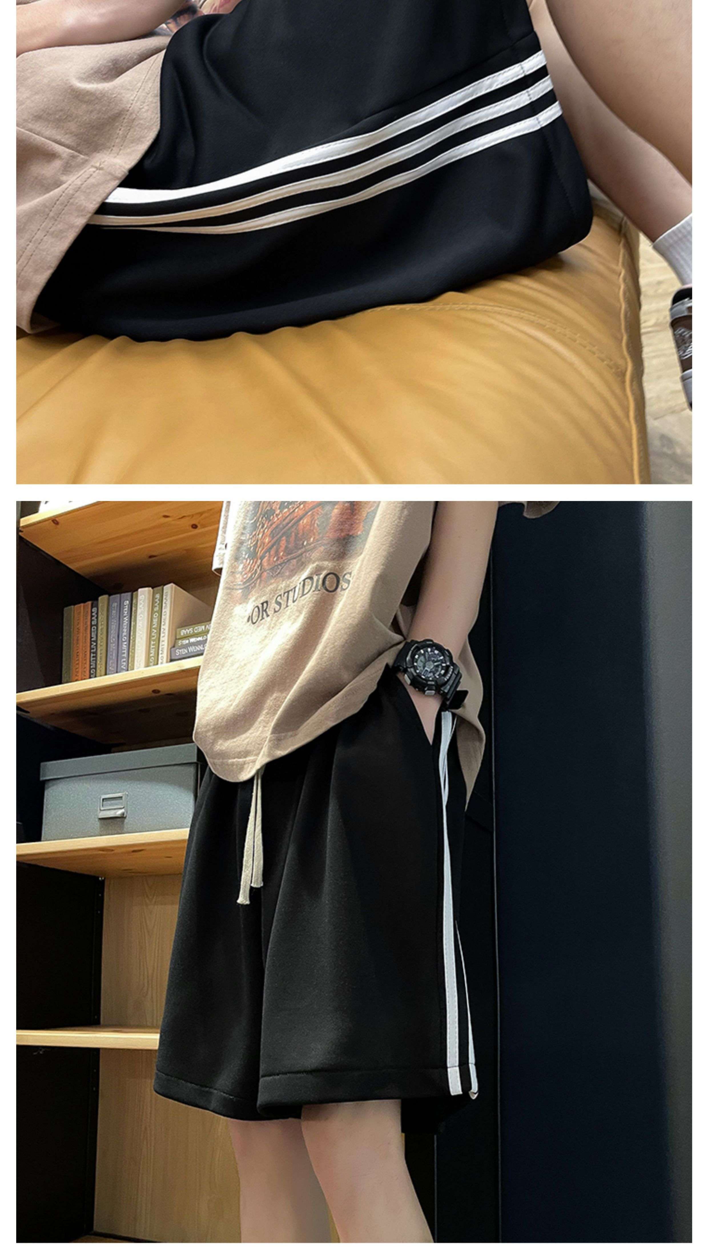黒コーデ 三本線サイドラインワイドショートパンツ