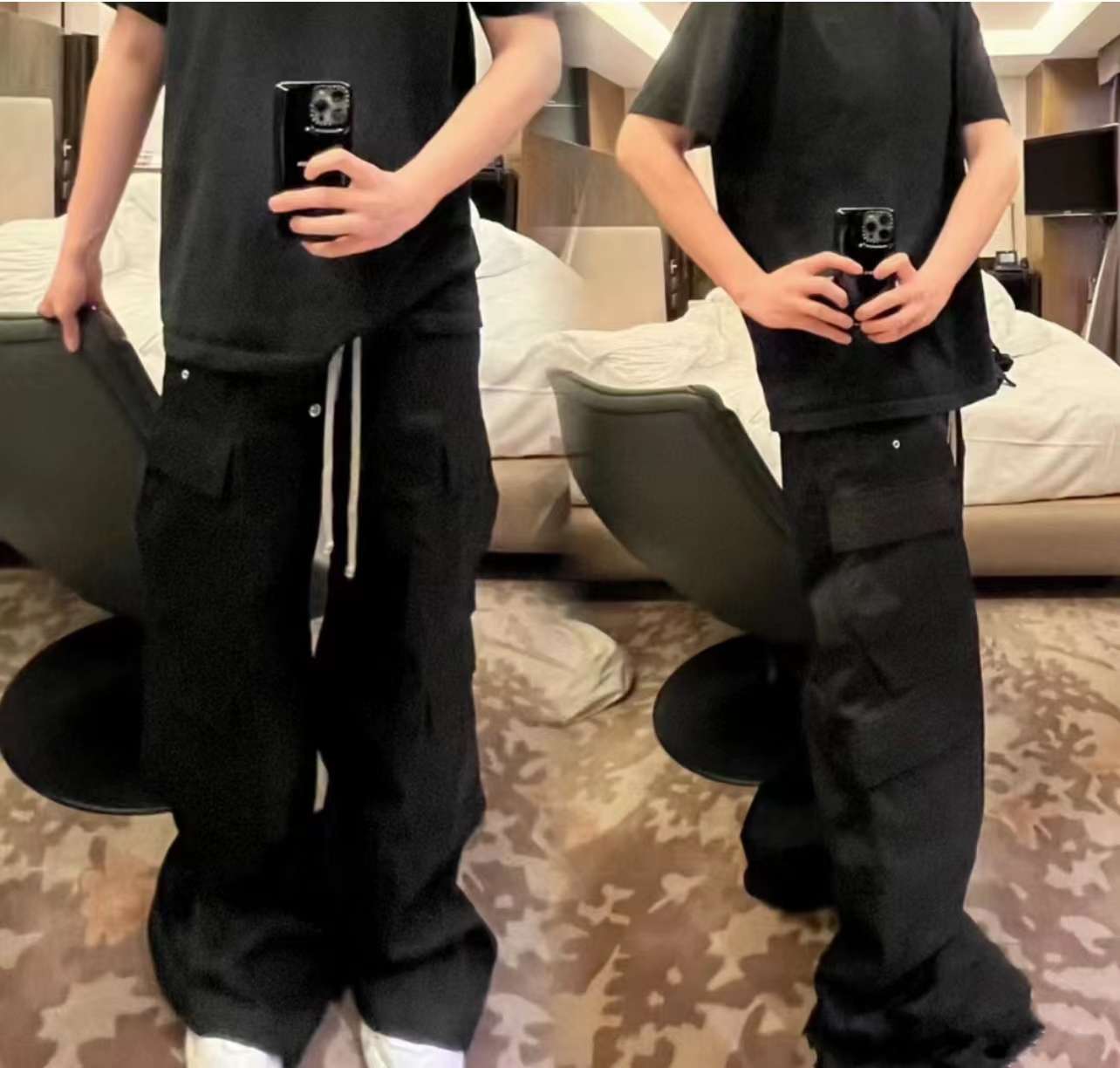 黒コーデ ワイドシルエットマルチポケットパンツ
