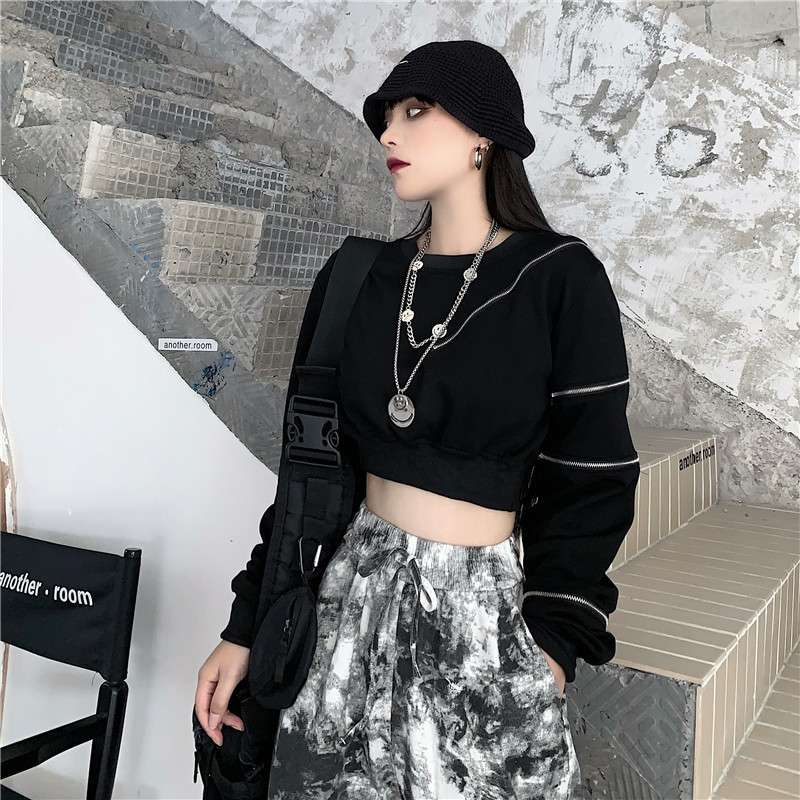 黒コーデ モードZIPクロップドトップス