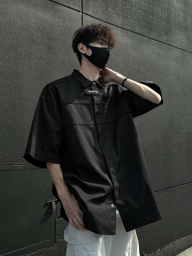 黒コーデ プロジェクト テック オーバーサイズシャツ