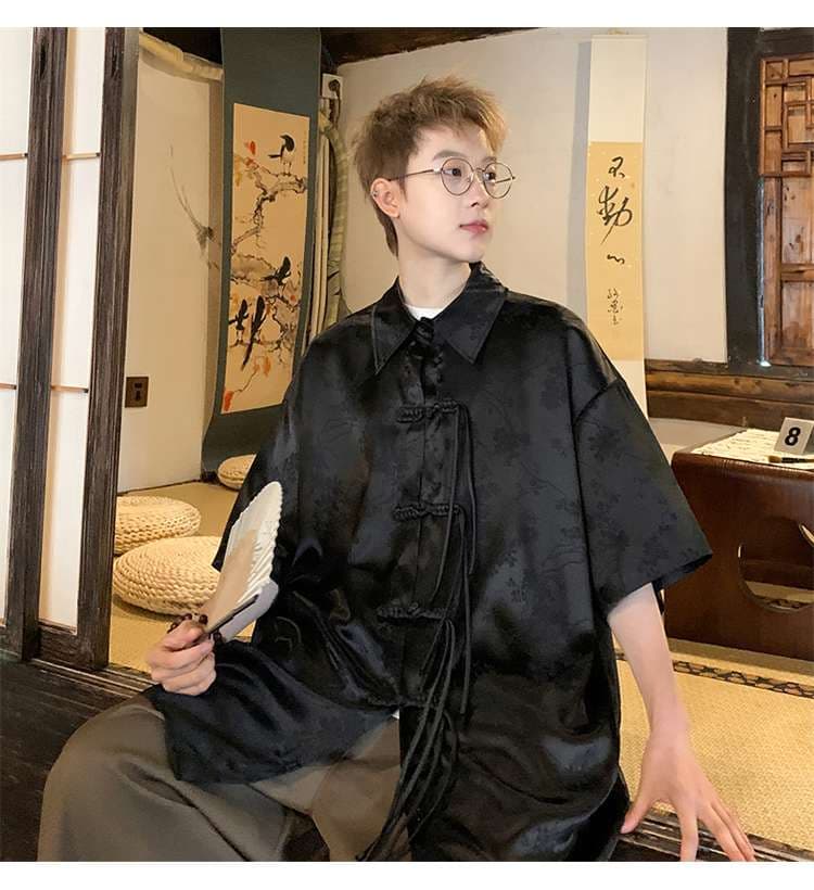 黒コーデ 和風モダン半袖チャイナジャケット