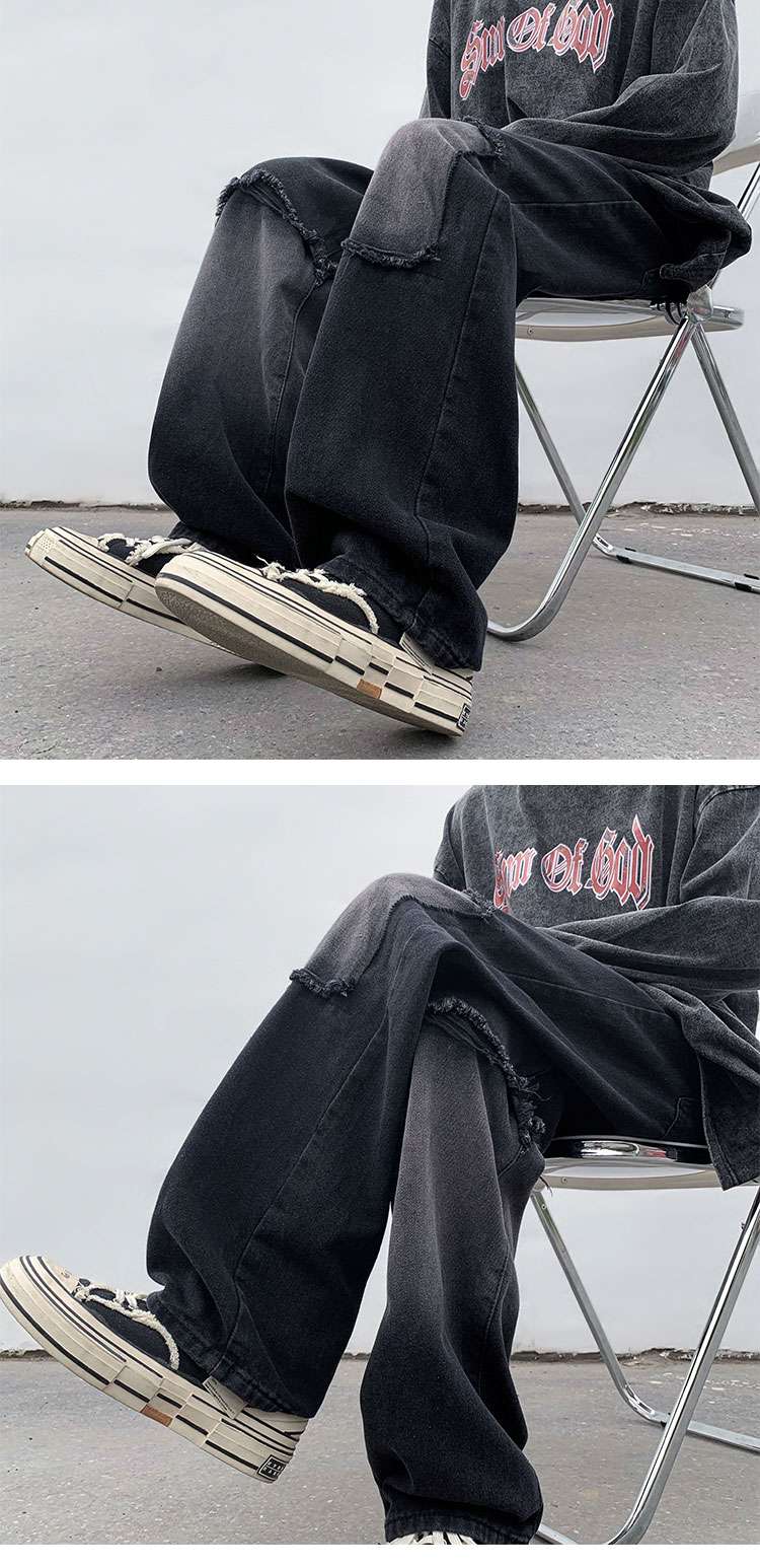 黒コーデ ダメージ加工ワイドデニムパンツ