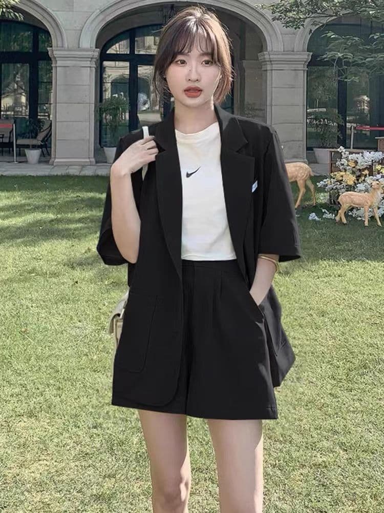 黒コーデ 黒コーデ ゆったり五分袖ジャケットセット