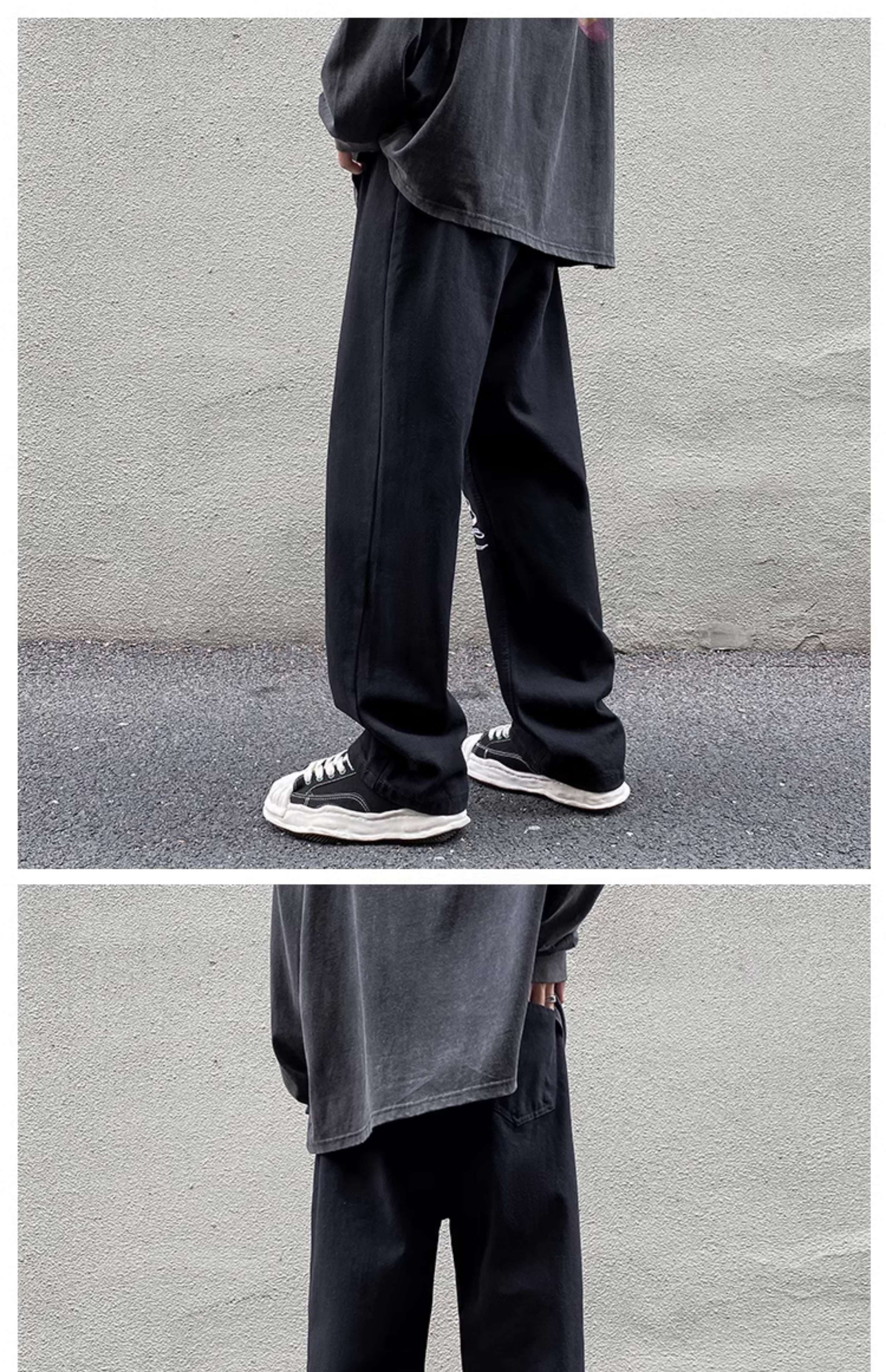 黒コーデ スクリプトロゴ ワイドデニムパンツ