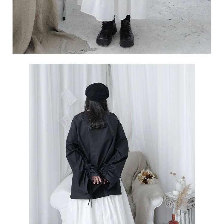 黒コーデ モダンオーバーサイズ袖リボンブラックブラウス